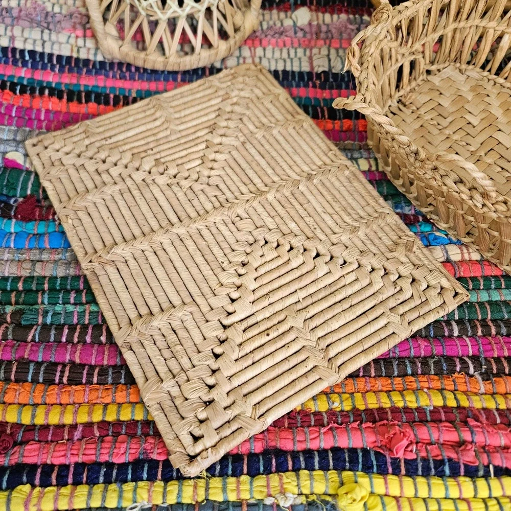 Mixed 4pc Wicker Rattan Lot Bundle Doll Chair Hot Pad Basket Tray Boho Farmhouse